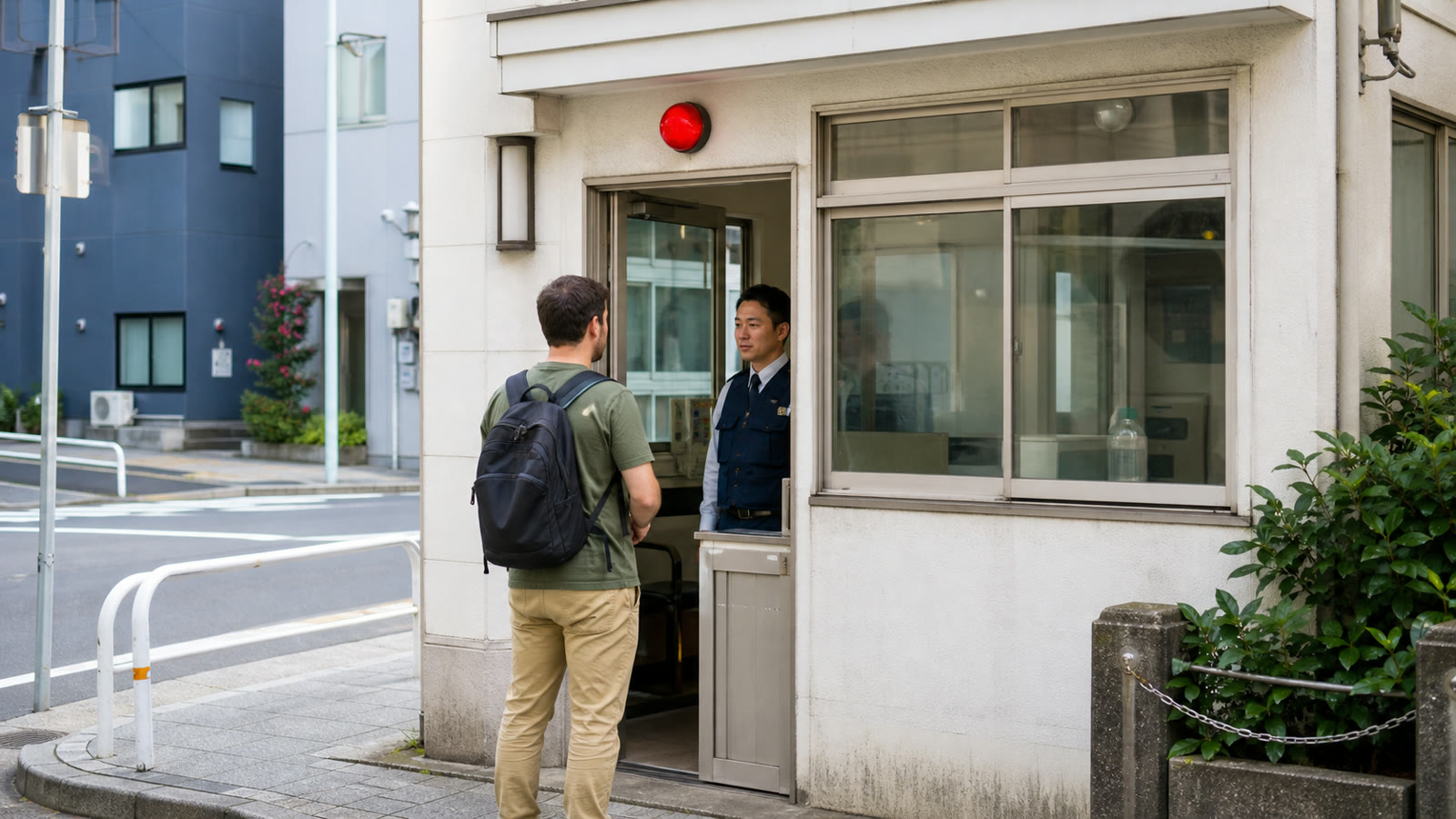 Visitor approaching a small neighborhood police box in Tokyo