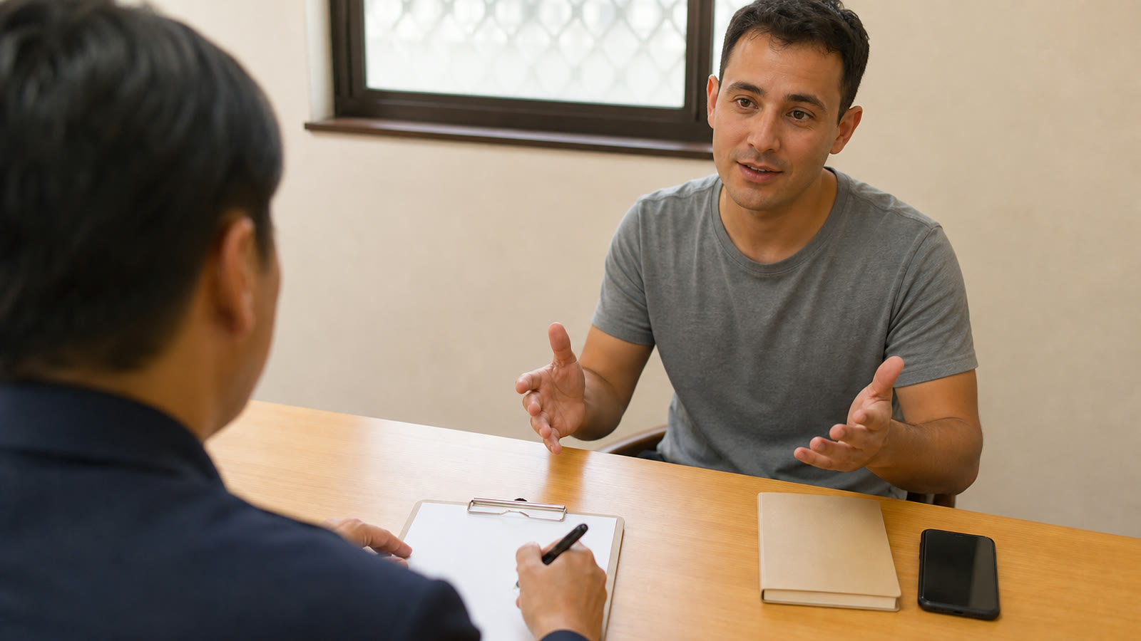 Traveler explaining a loss while an officer records details on a blank report