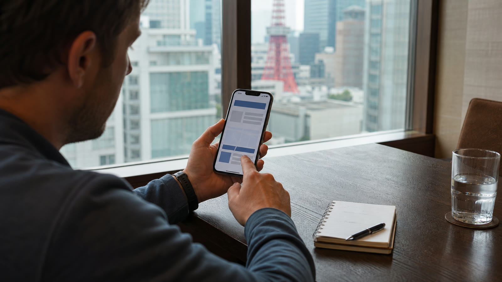 Traveler using a generic official-style webpage on a phone in Tokyo