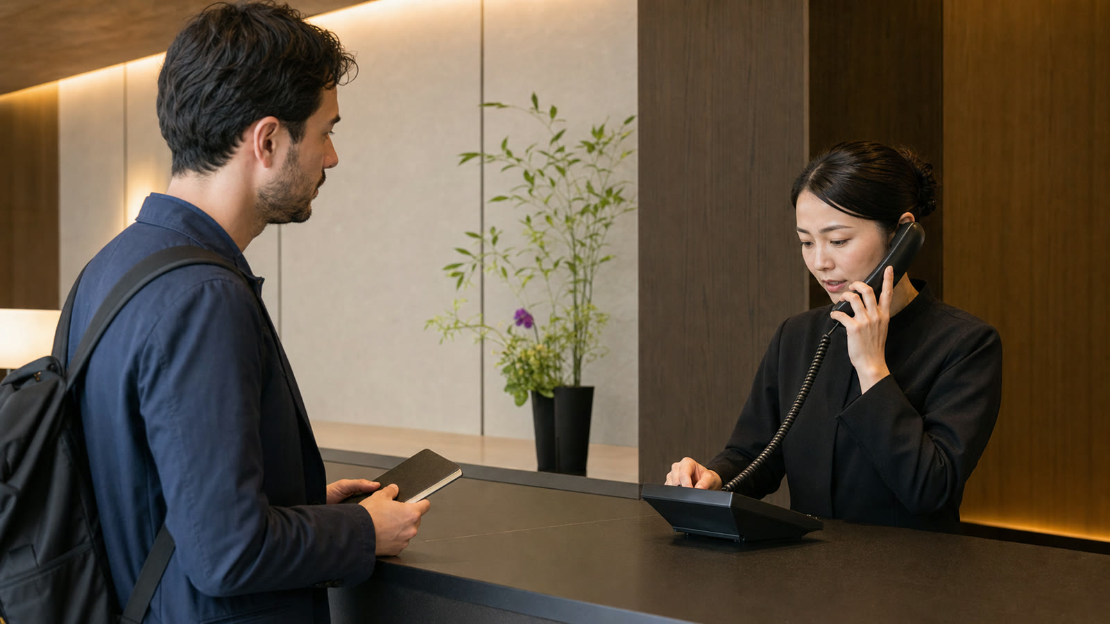 Hotel receptionist making a phone call while assisting an international guest