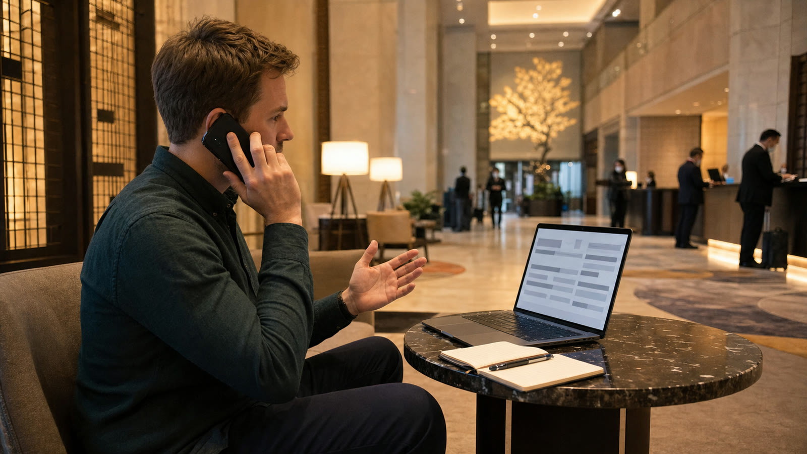 Traveler calling an airline beside a laptop with an abstract itinerary screen
