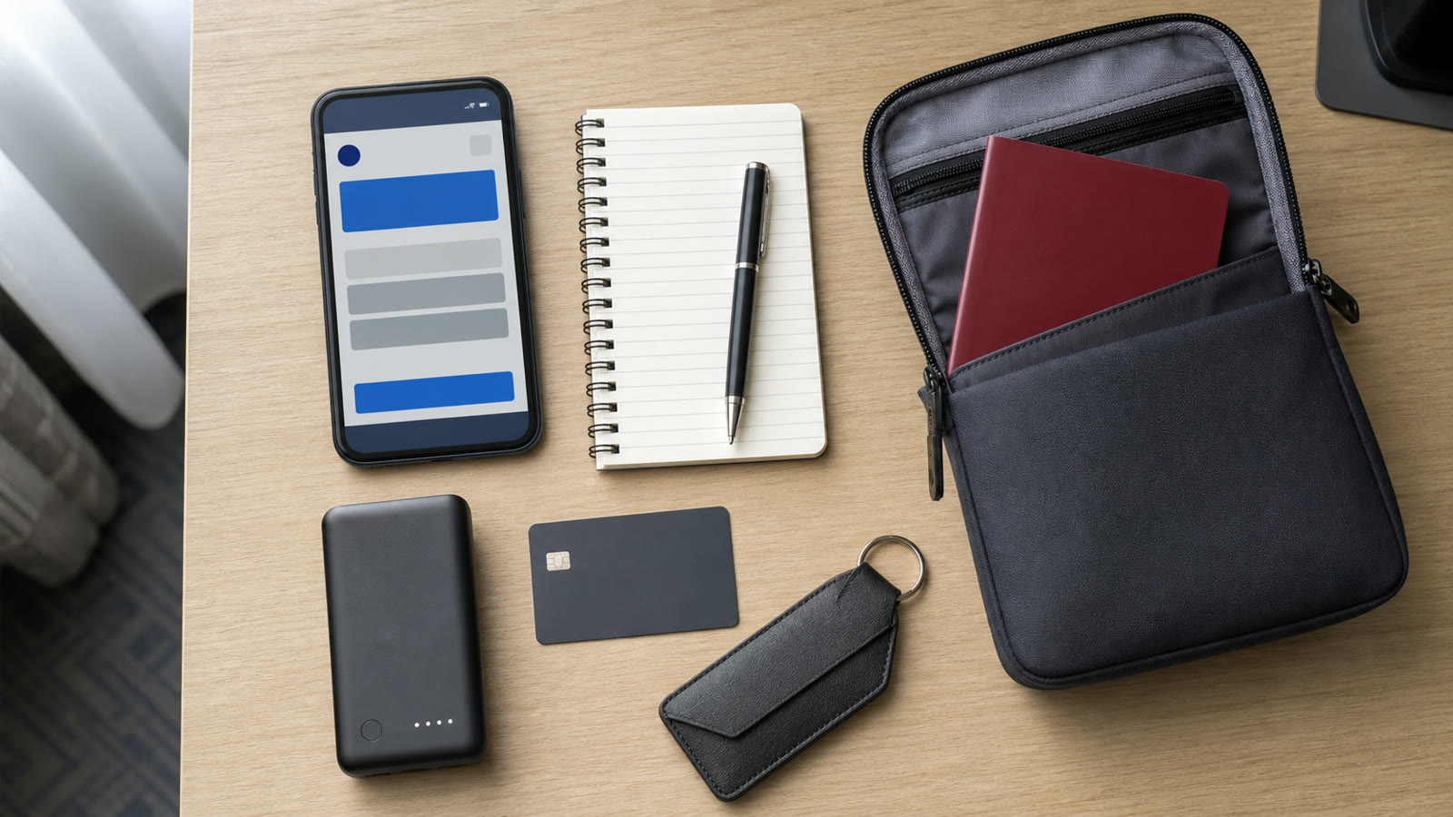 Passport recovery kit with blank booklet, secure pouch, phone, notebook, backup card, and power bank