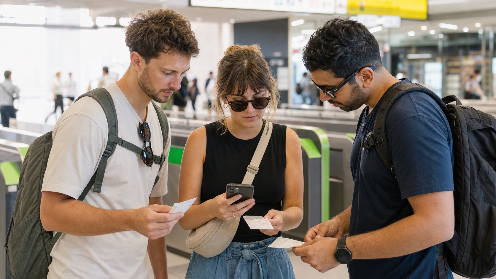 Travelers comparing an event ticket with a route on a smartphone