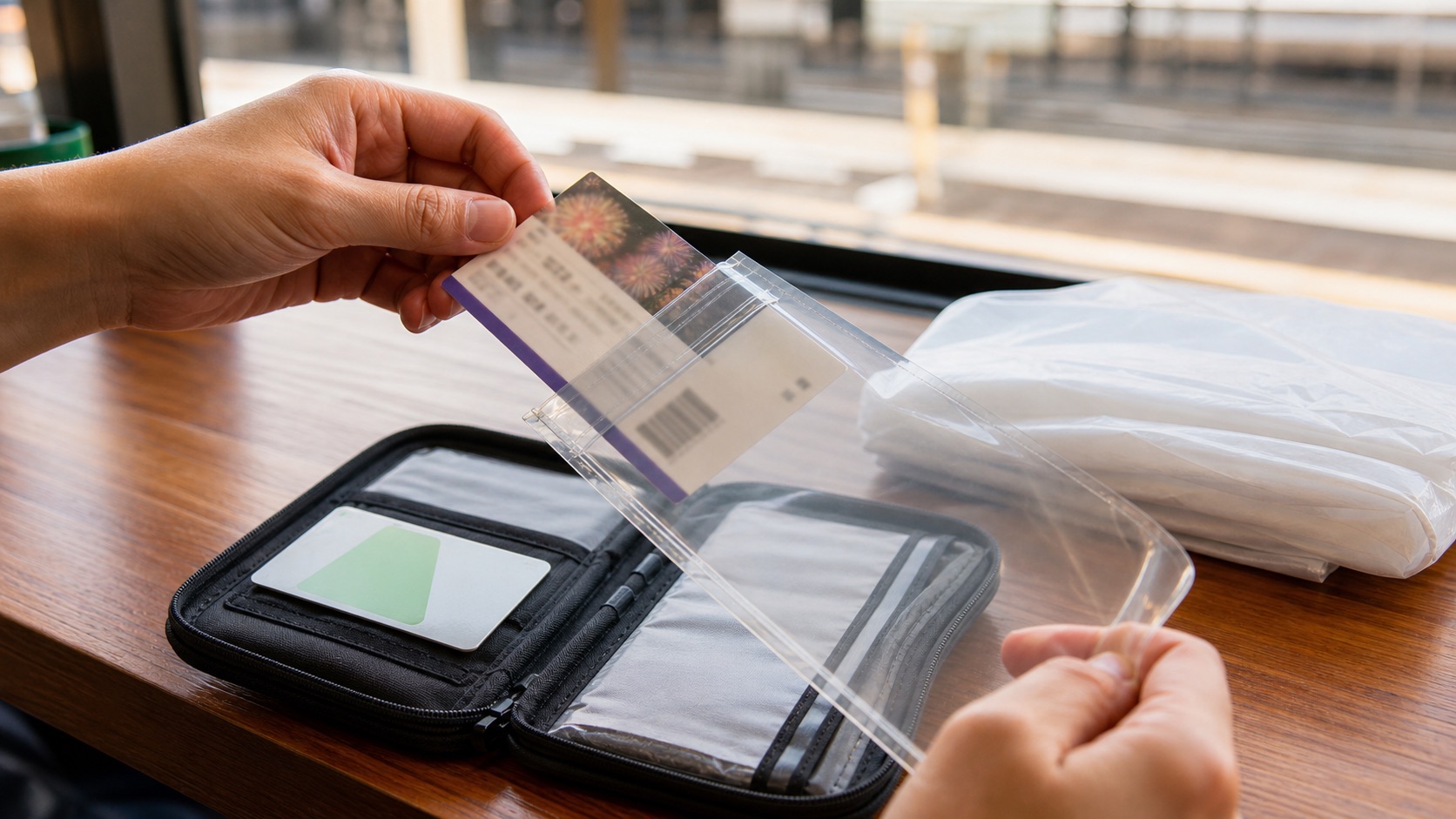 A physical event ticket being placed in a waterproof travel wallet