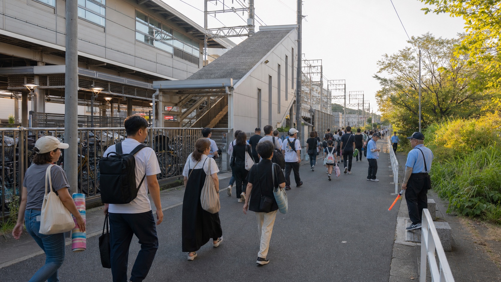 Visitors following the walking route from a railway station toward the river