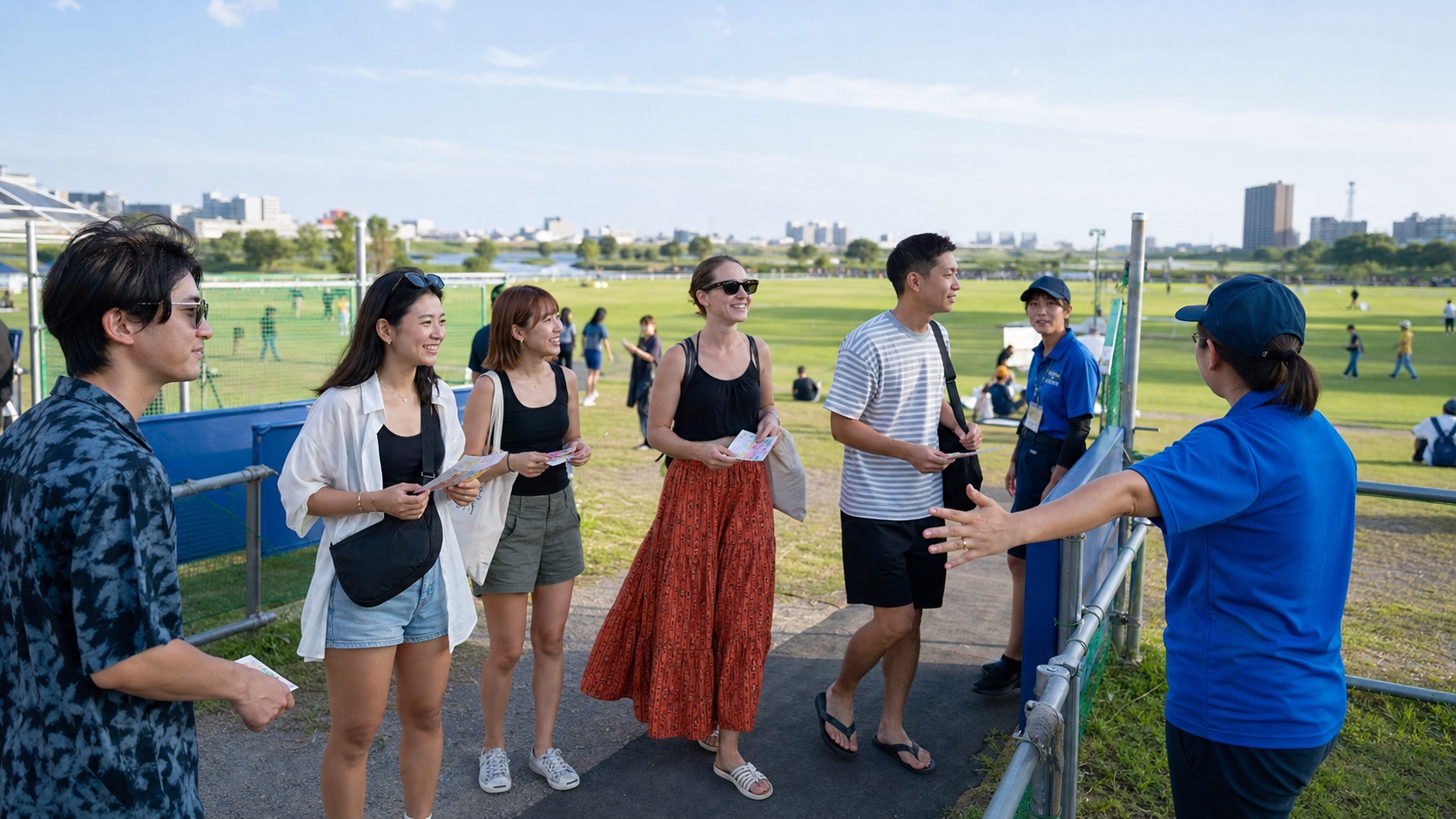 A group meeting event staff before entering a riverside viewing area