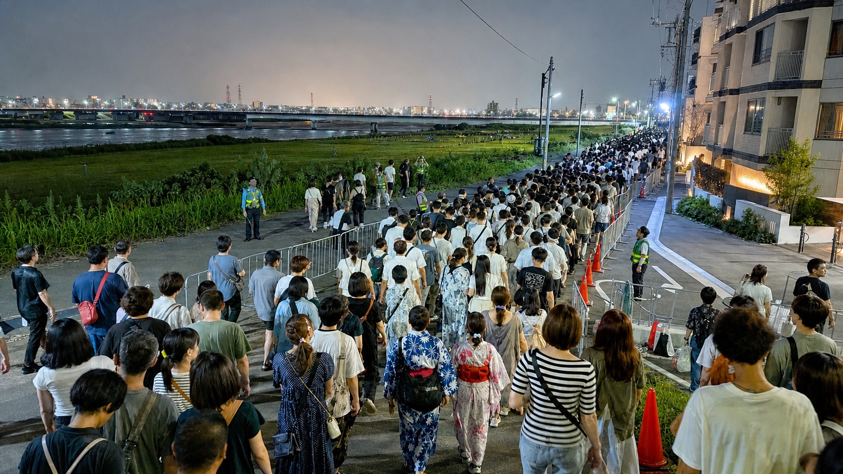 An orderly crowd walking along a designated route after a fireworks event