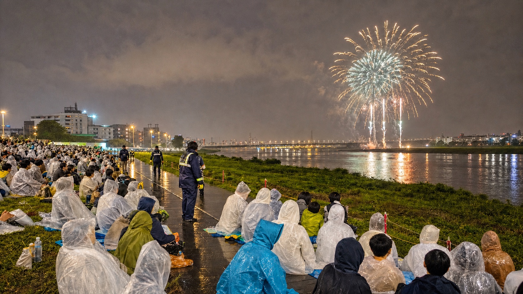 Spectators wearing rain ponchos while watching fireworks by the river