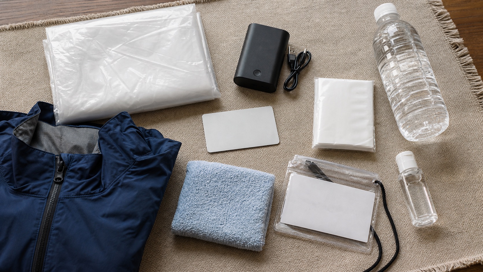 A compact kit with rainwear, power bank, water, towel and ticket sleeve