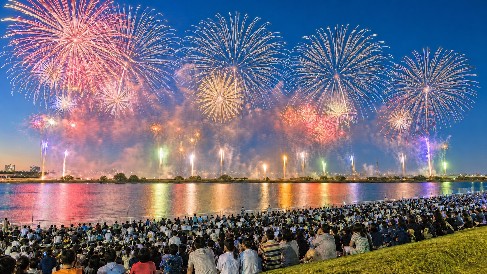 Edogawa Fireworks Festival over the riverbank in Tokyo