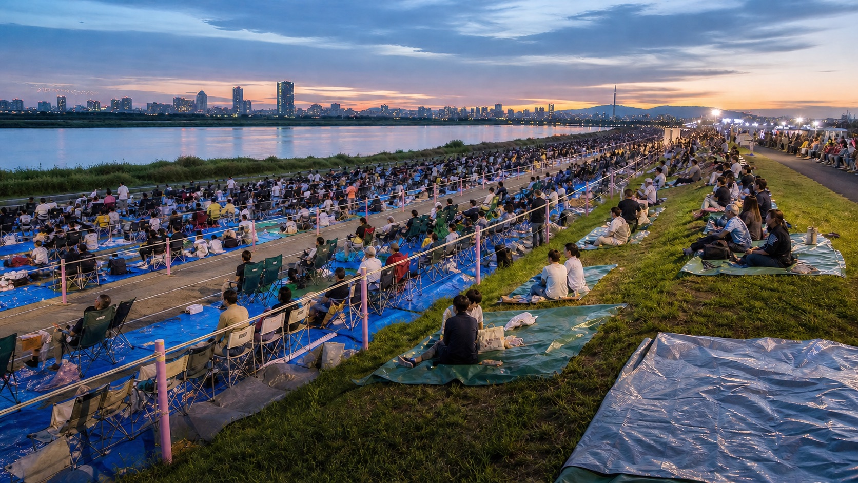 Visitors considering viewing areas along the Edogawa riverbank