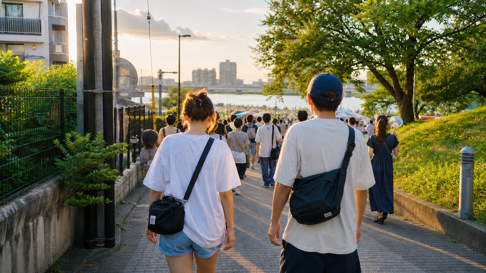 Visitors walking from a station toward the Edogawa fireworks venue