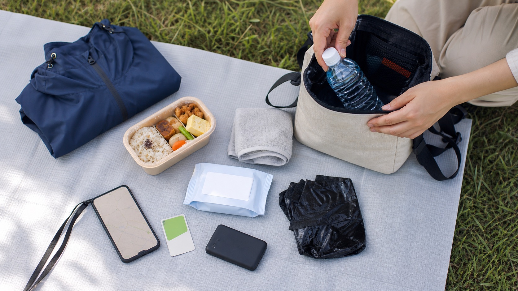 Food water rain gear and travel items for a Japanese fireworks festival