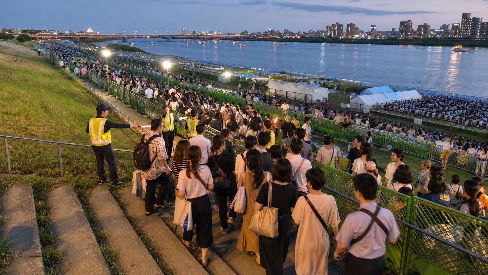Crowd movement and staff guidance at the Edogawa riverbank