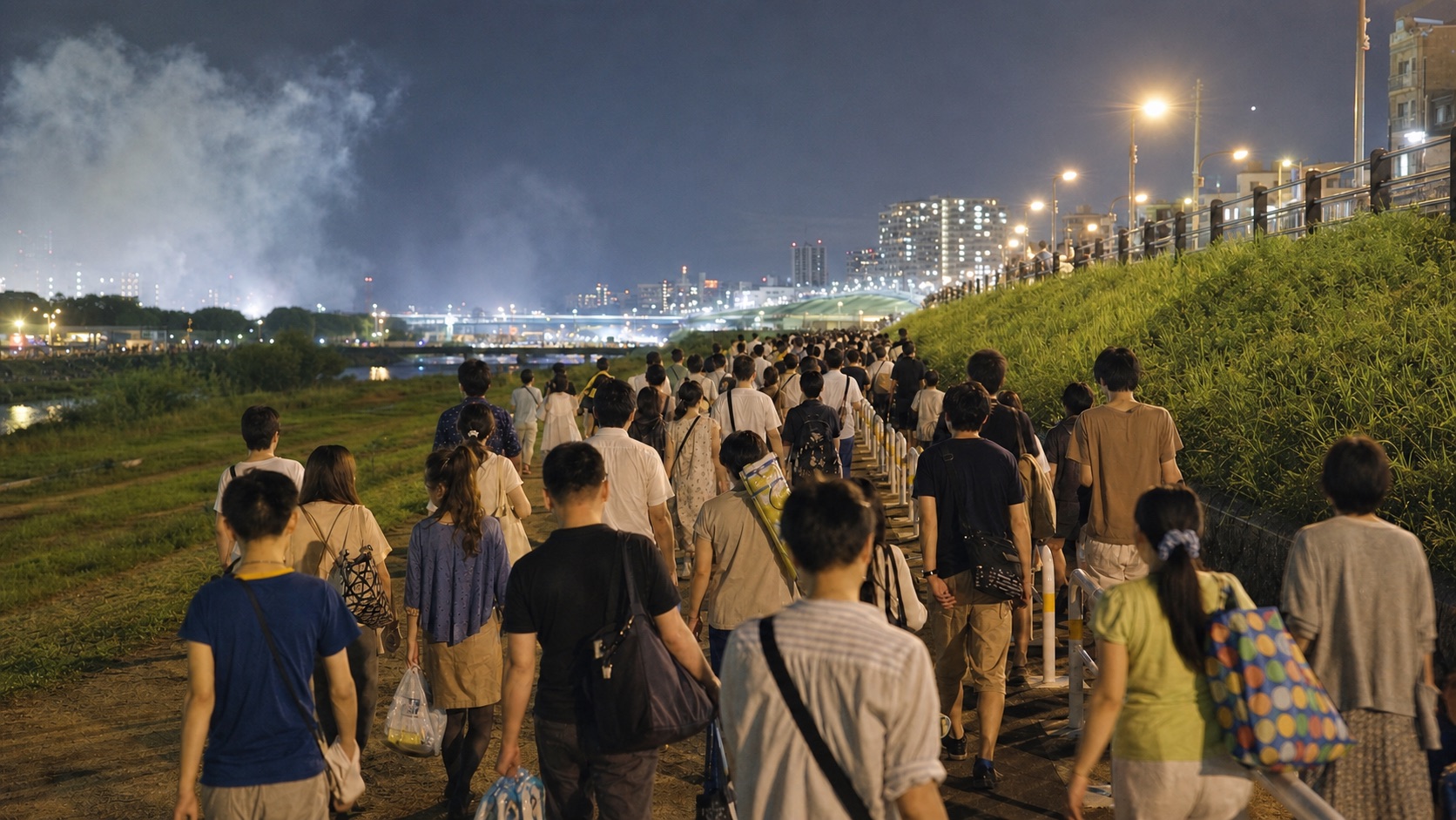 Visitors walking away from the fireworks venue after the display