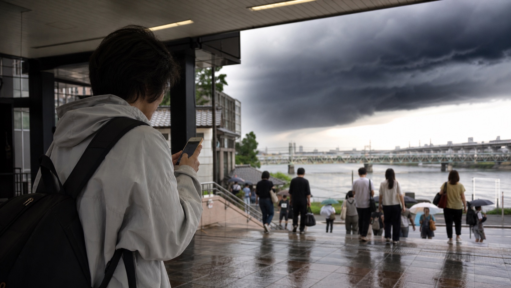 Travelers checking rain conditions near a fireworks venue