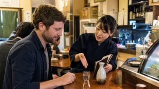 Traveler asking a restaurant server for a sake recommendation at a Tokyo izakaya counter