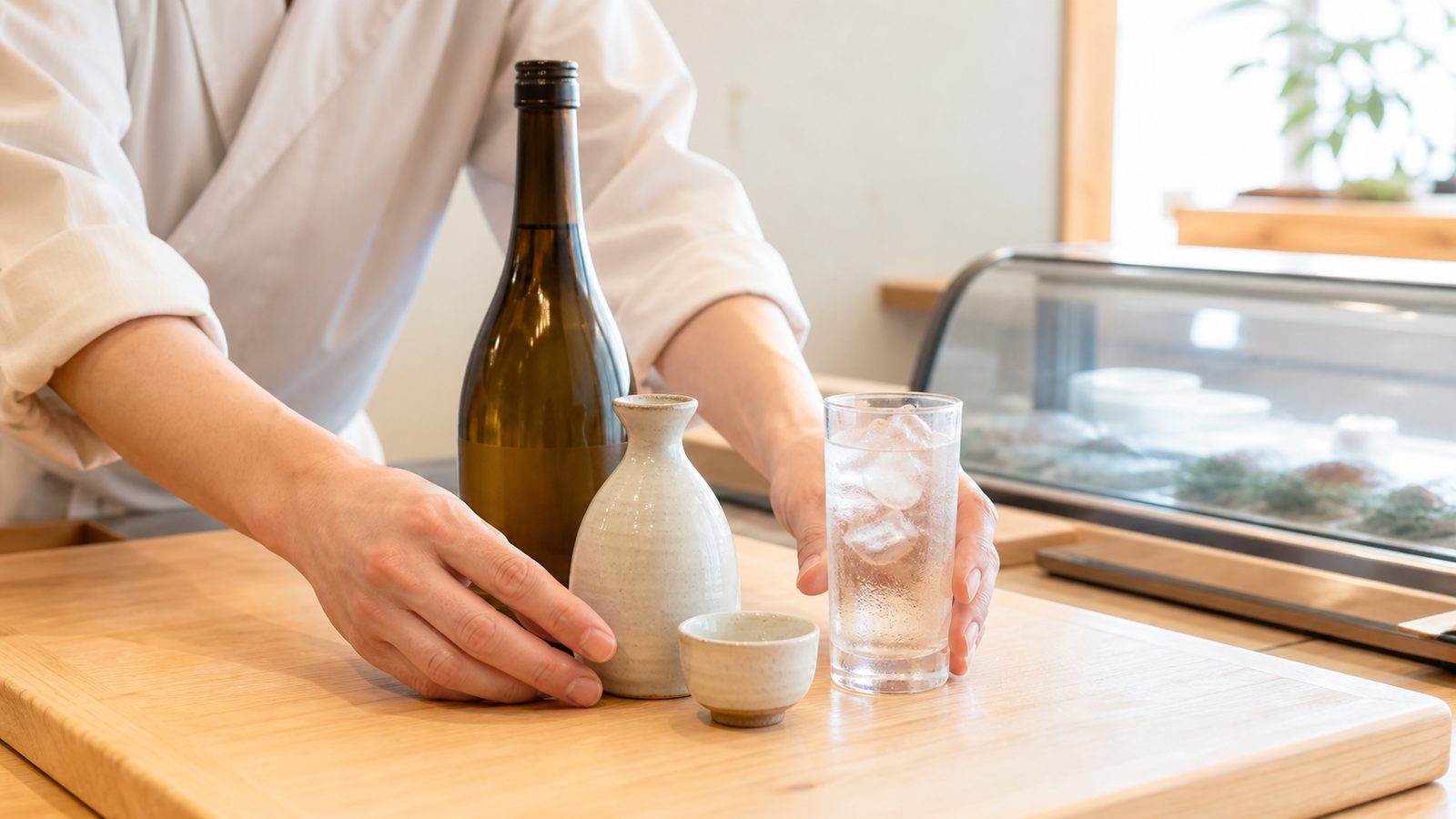 Sake bottle, tokkuri, ochoko and a tall glass arranged on a Japanese bar counter