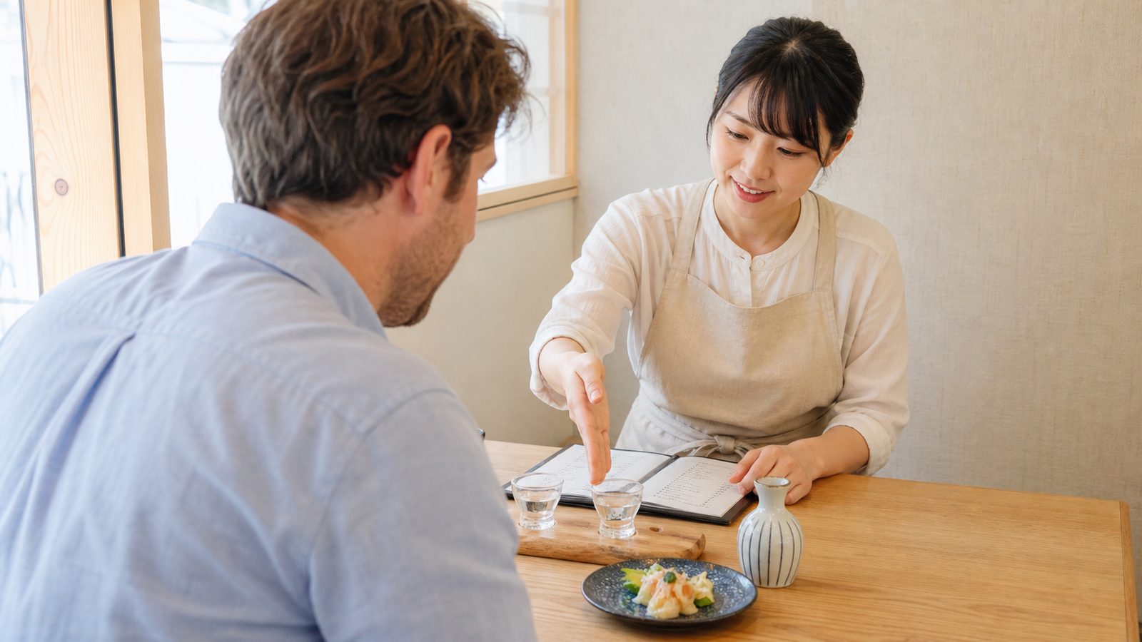 Restaurant server helping a traveler choose a sake glass at a counter