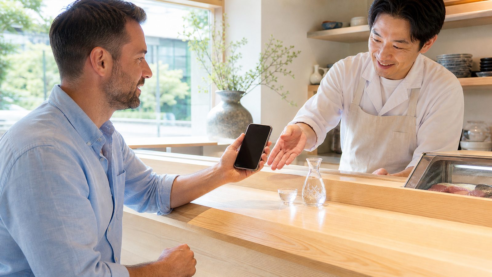 Traveler showing a phone to a restaurant server while ordering sake
