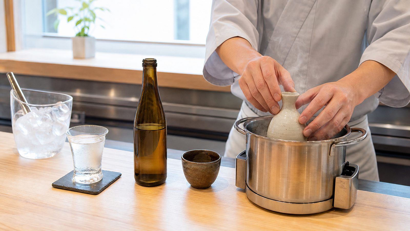 Chilled, room-temperature and warmed sake service prepared on one counter