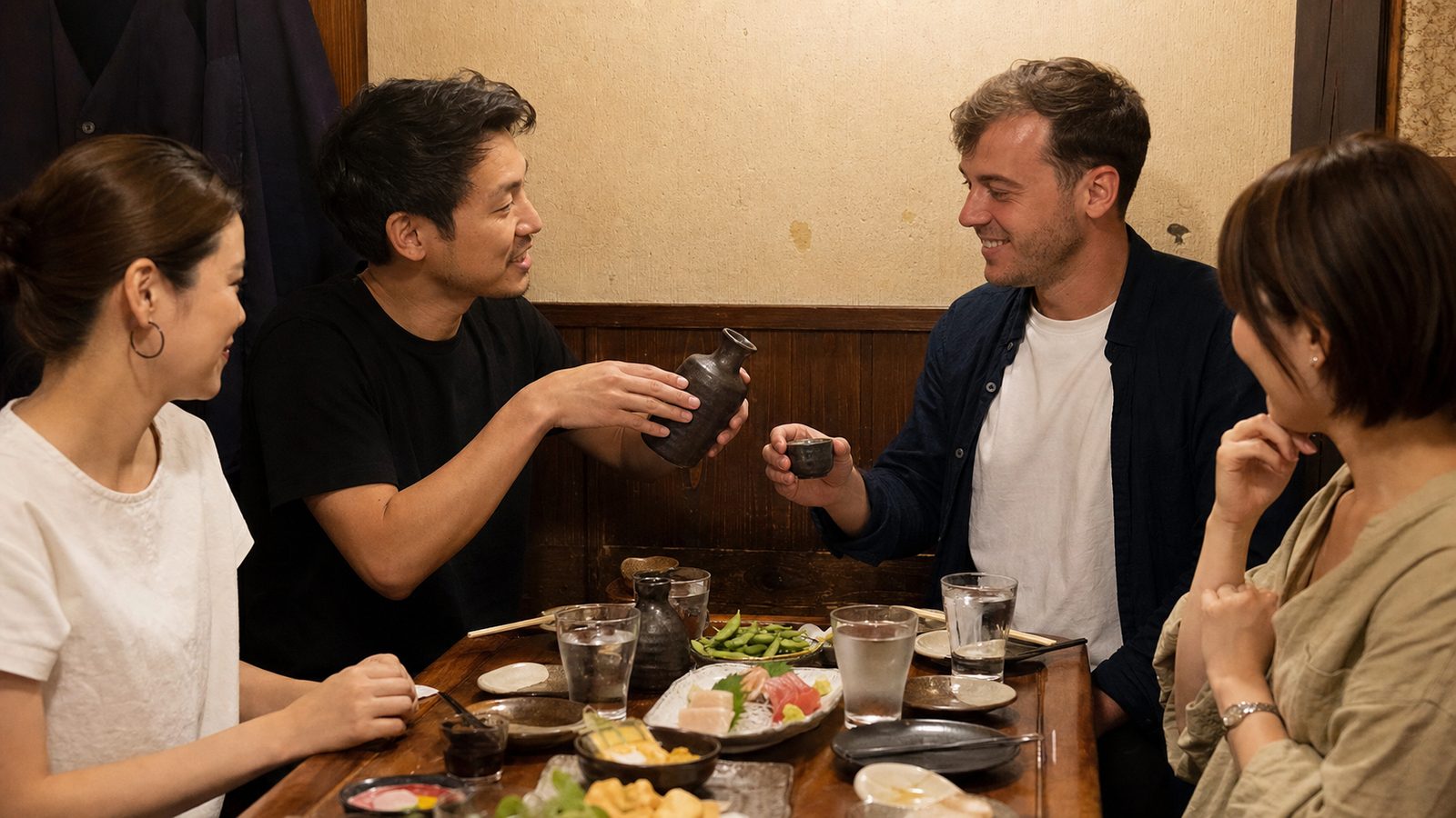 Friends sharing sake and food at a casual Japanese izakaya