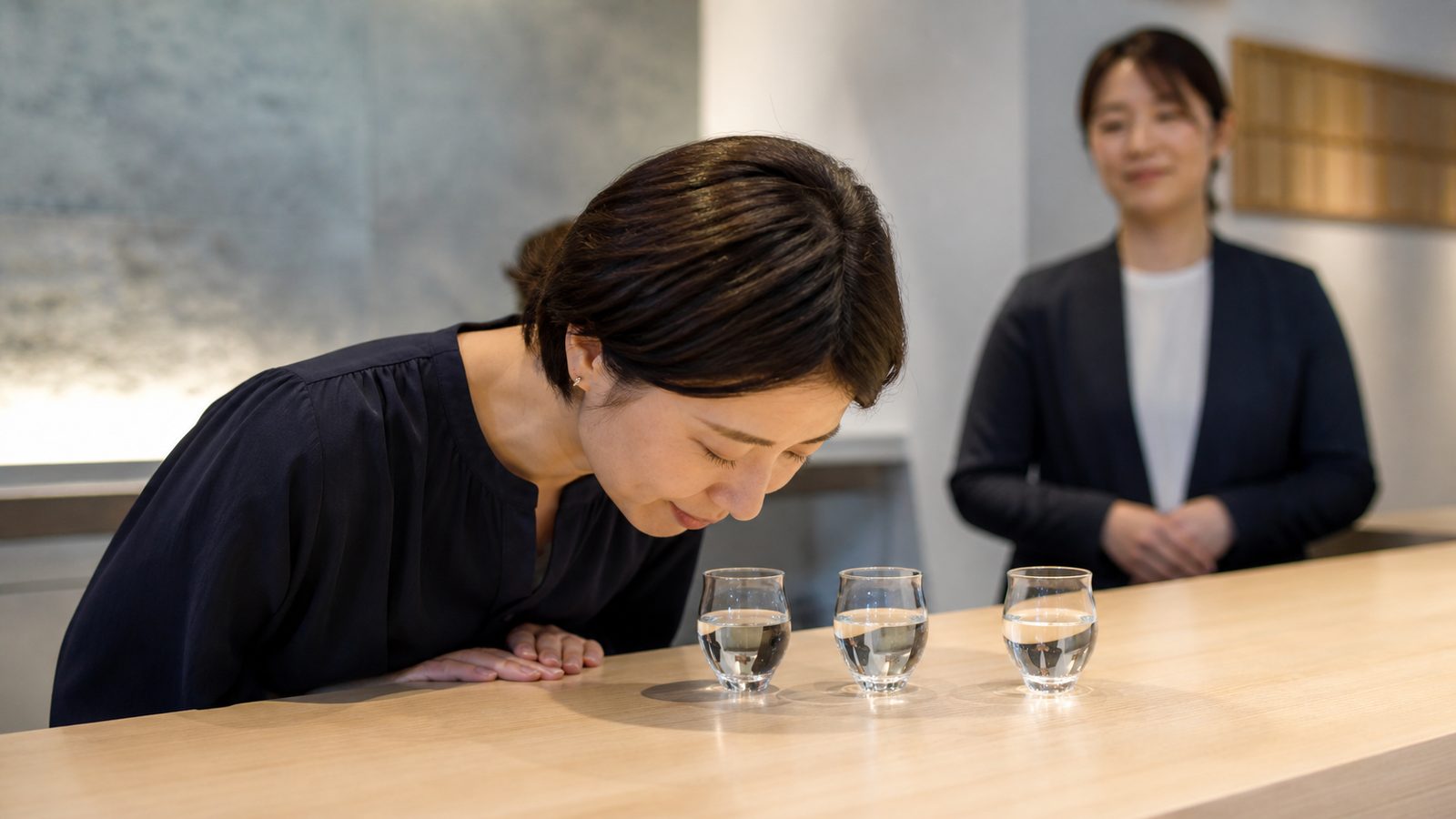 Visitor comparing three small sake glasses at a tasting counter