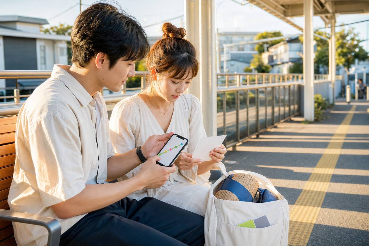 Travelers making a final paper-ticket and train-route check