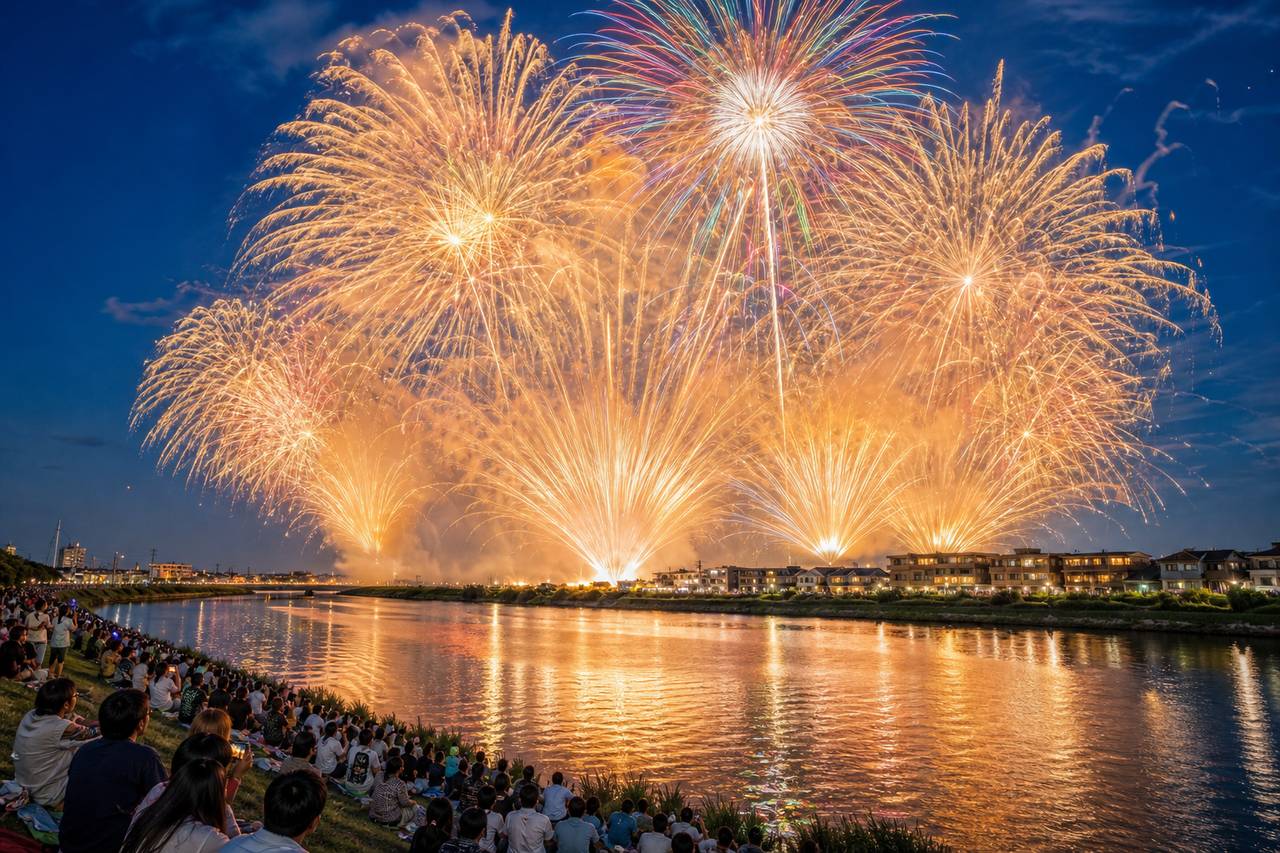 Golden fireworks finale reflected on the Arakawa River
