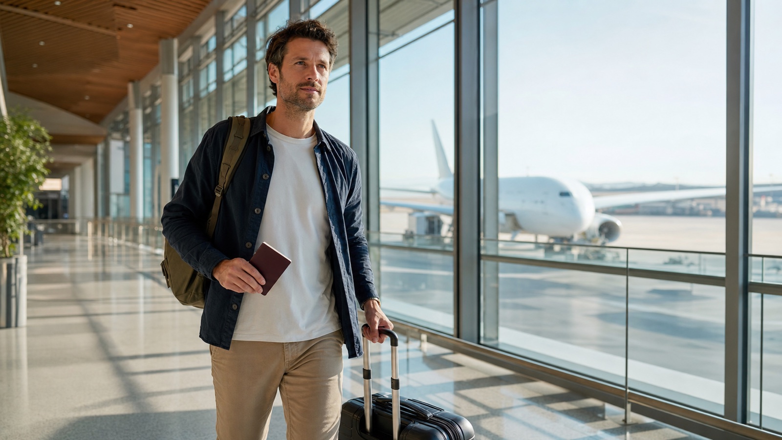 International traveler walking through a Japanese airport terminal with passport and carry-on luggage
