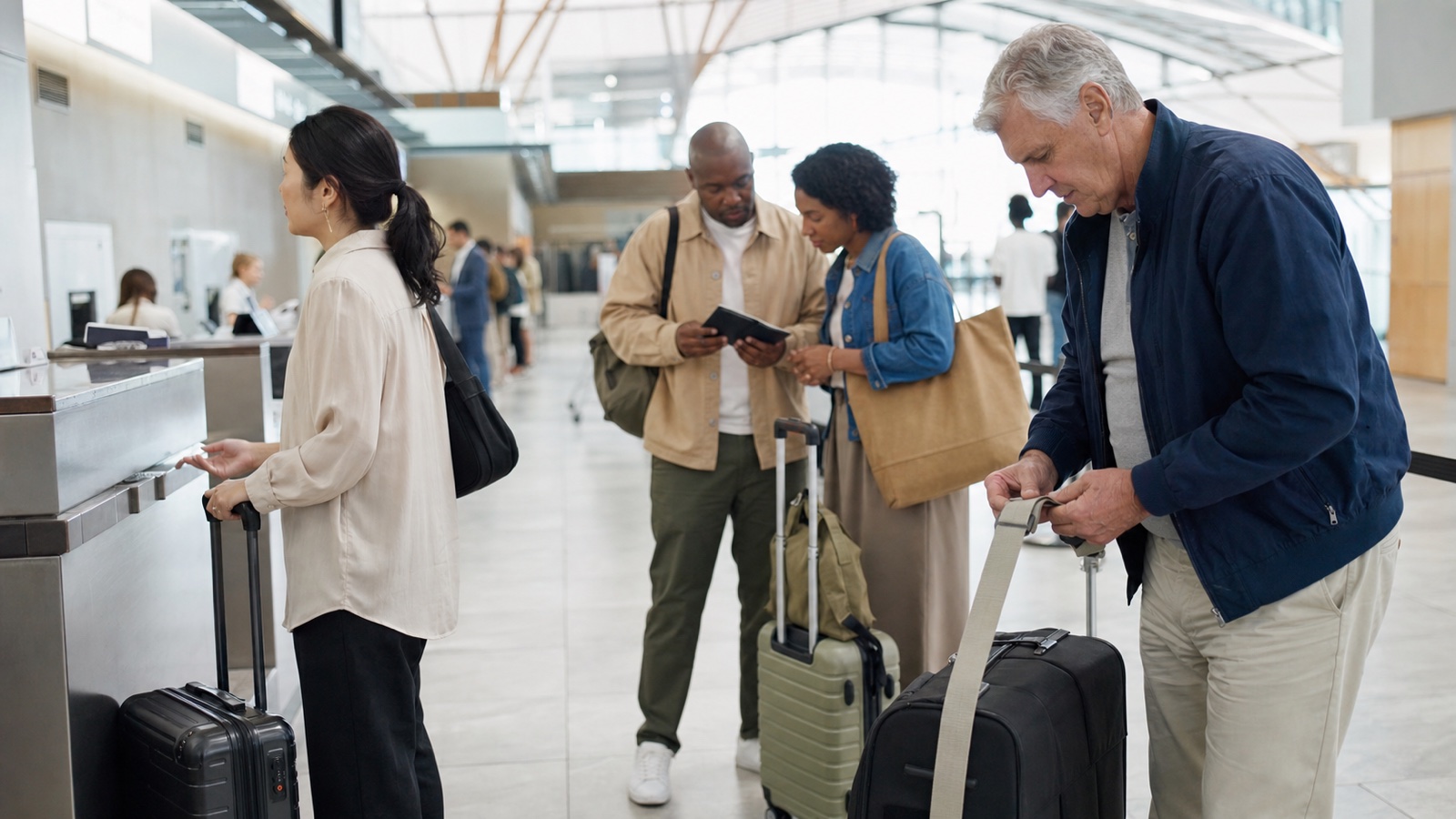 International travelers preparing for departure at a Japanese airport check-in area