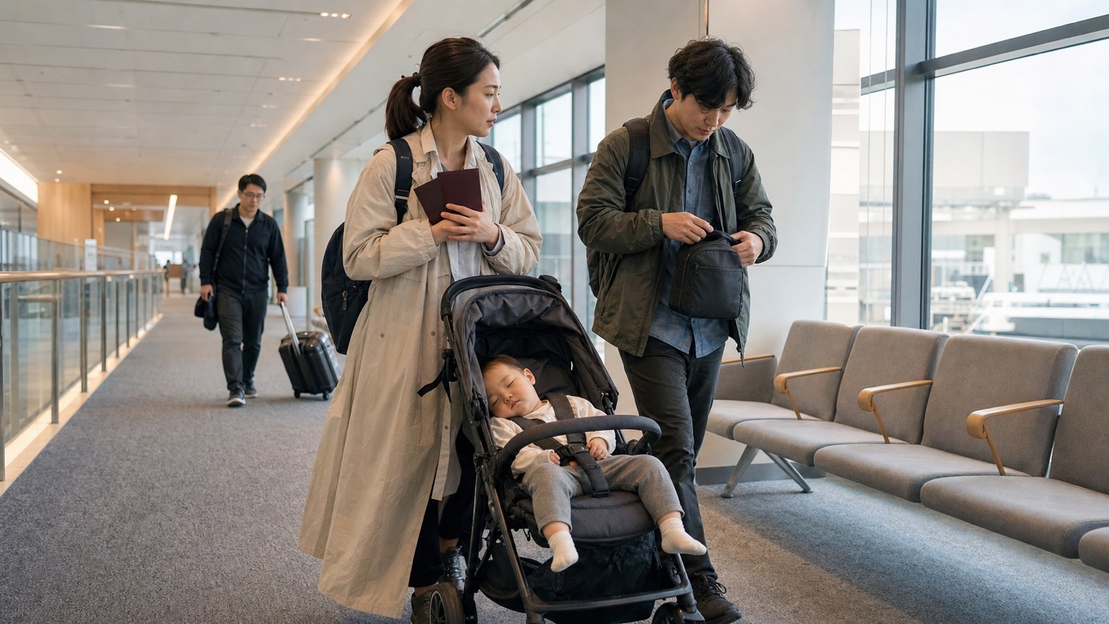 Family travelers and a transit passenger reviewing flight details in a Japanese airport