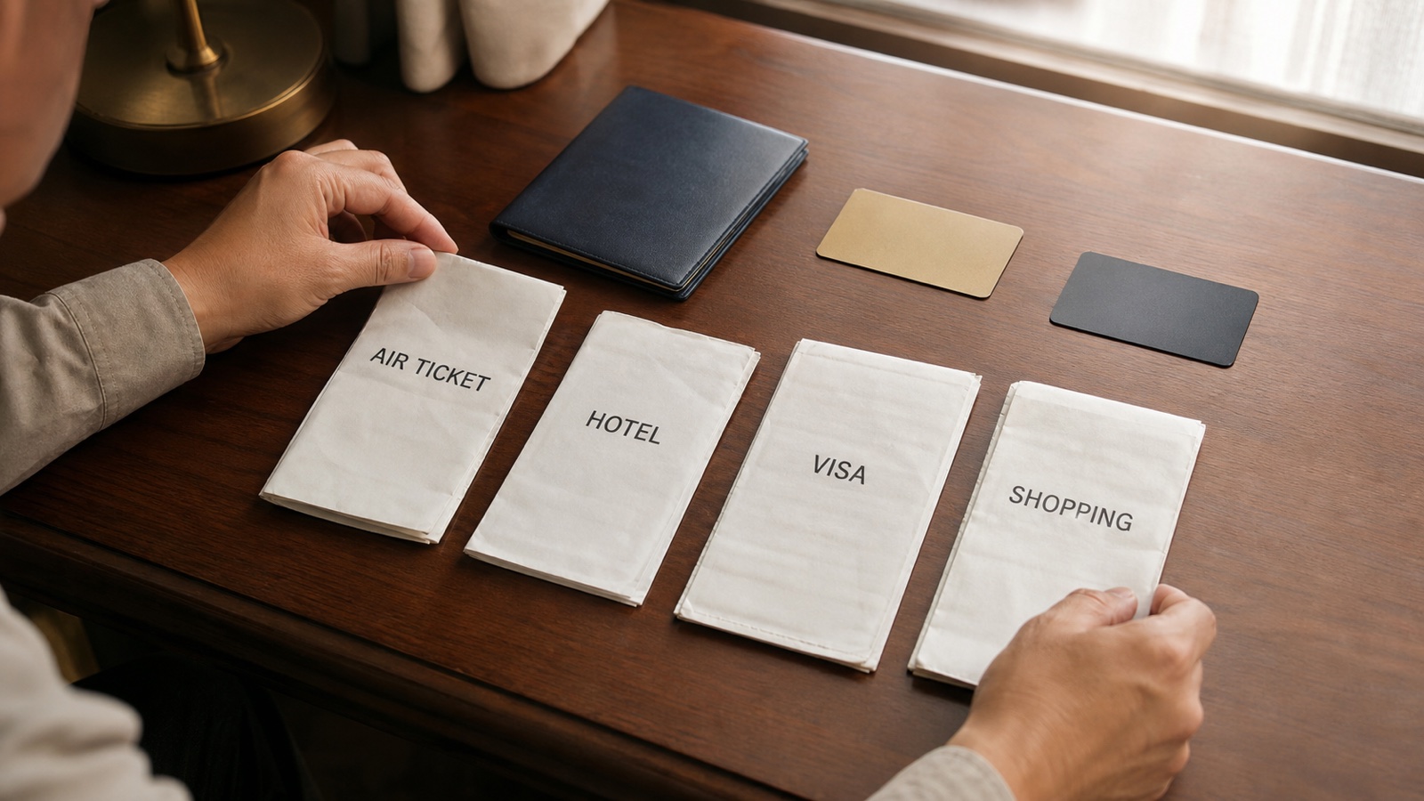 Traveler sorting flight, hotel, visa and shopping costs before leaving Japan