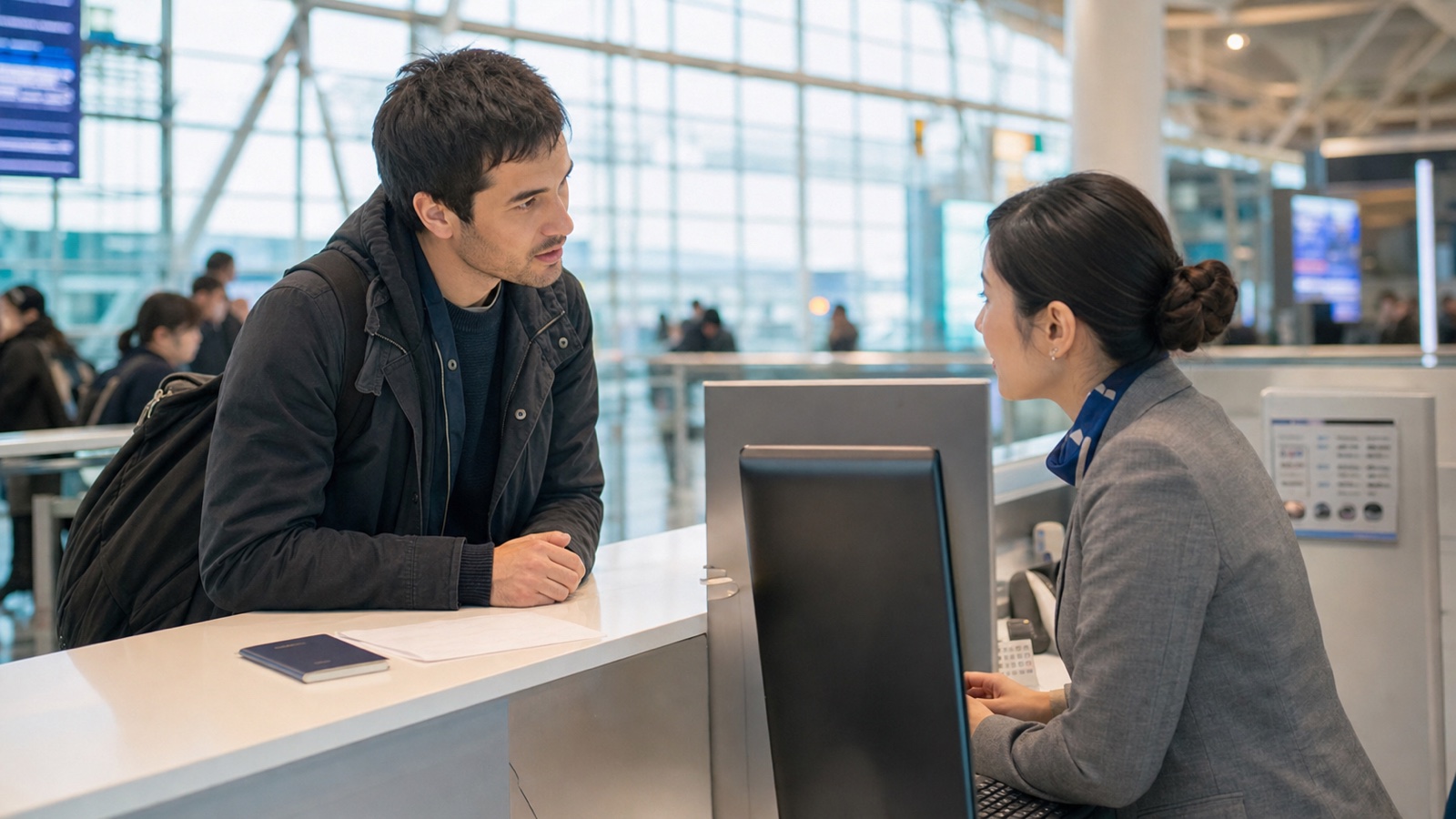 Traveler asking an airline service agent to explain an itemized fare before departure from Japan
