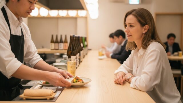 Traveler receiving a small otoshi appetizer at a Japanese izakaya counter