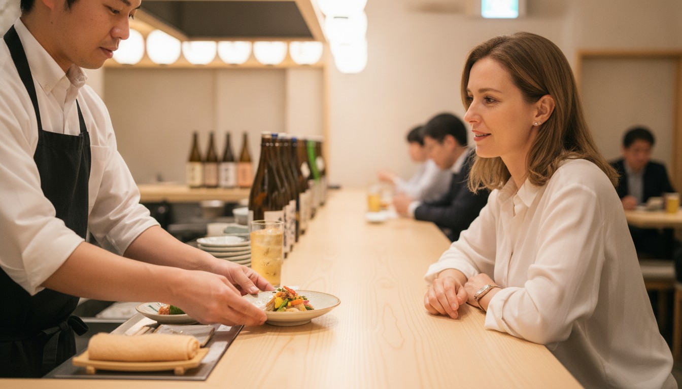 Traveler receiving a small otoshi appetizer at a Japanese izakaya counter