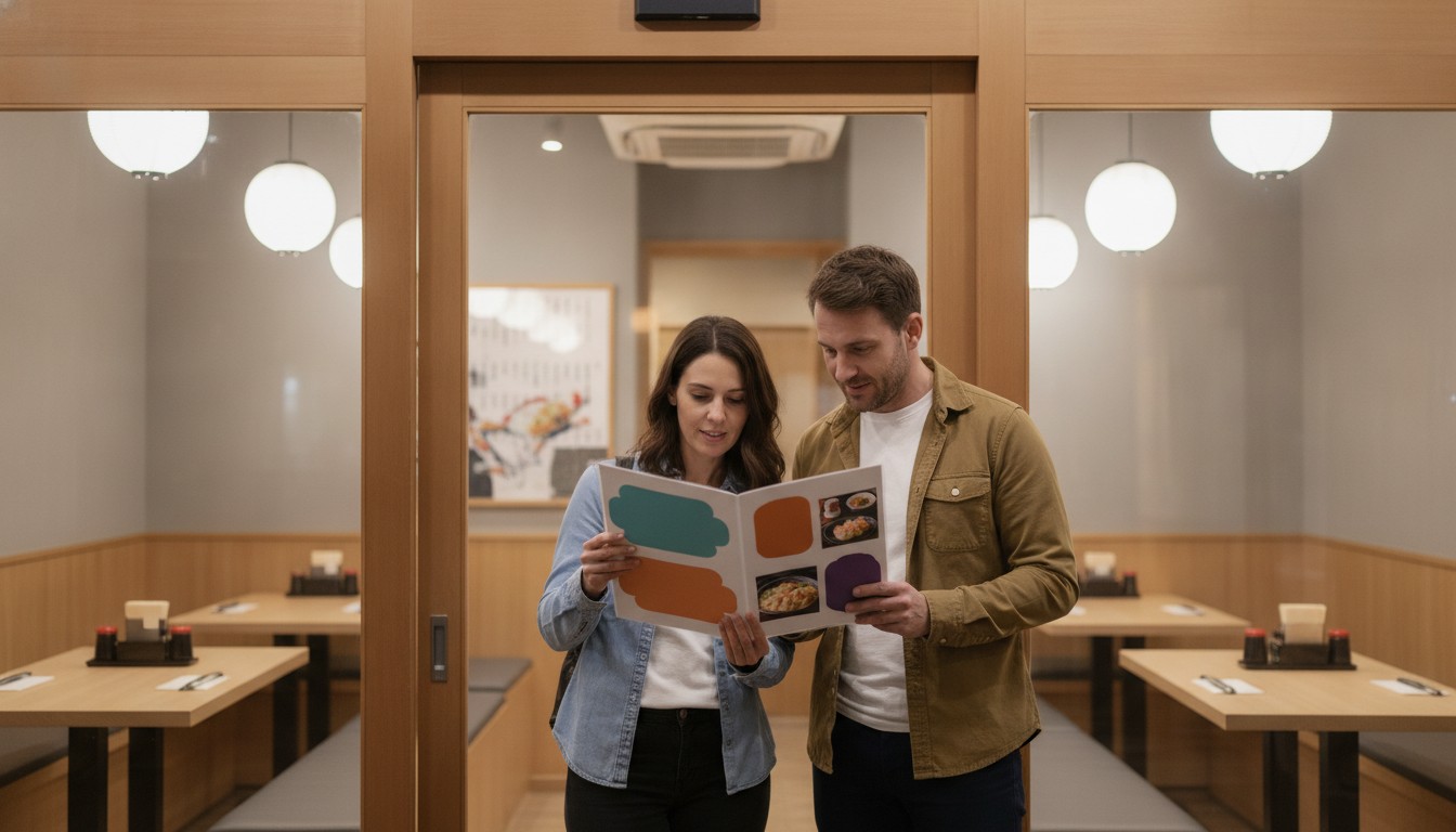 Travelers checking restaurant charges before entering an izakaya
