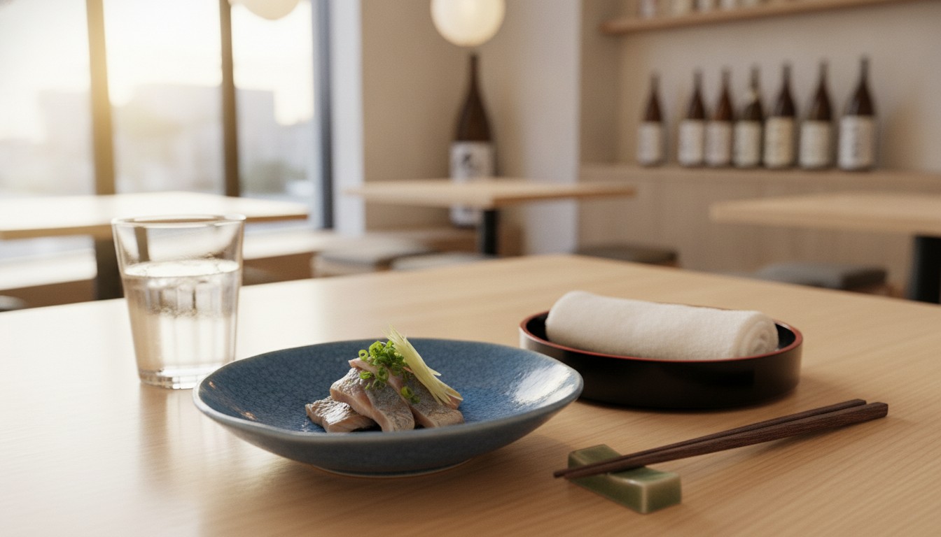 Small otoshi appetizer and oshibori on an izakaya table