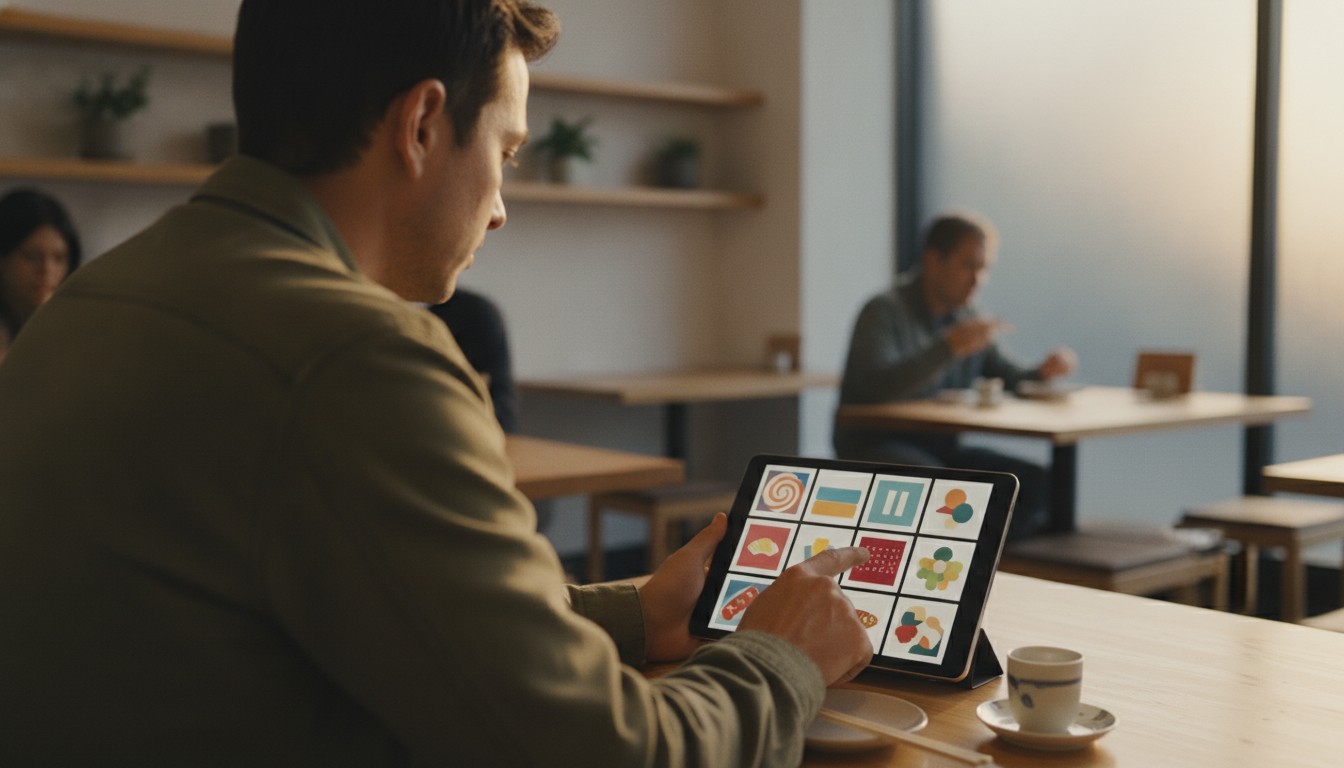 Traveler reviewing an izakaya order on a table tablet