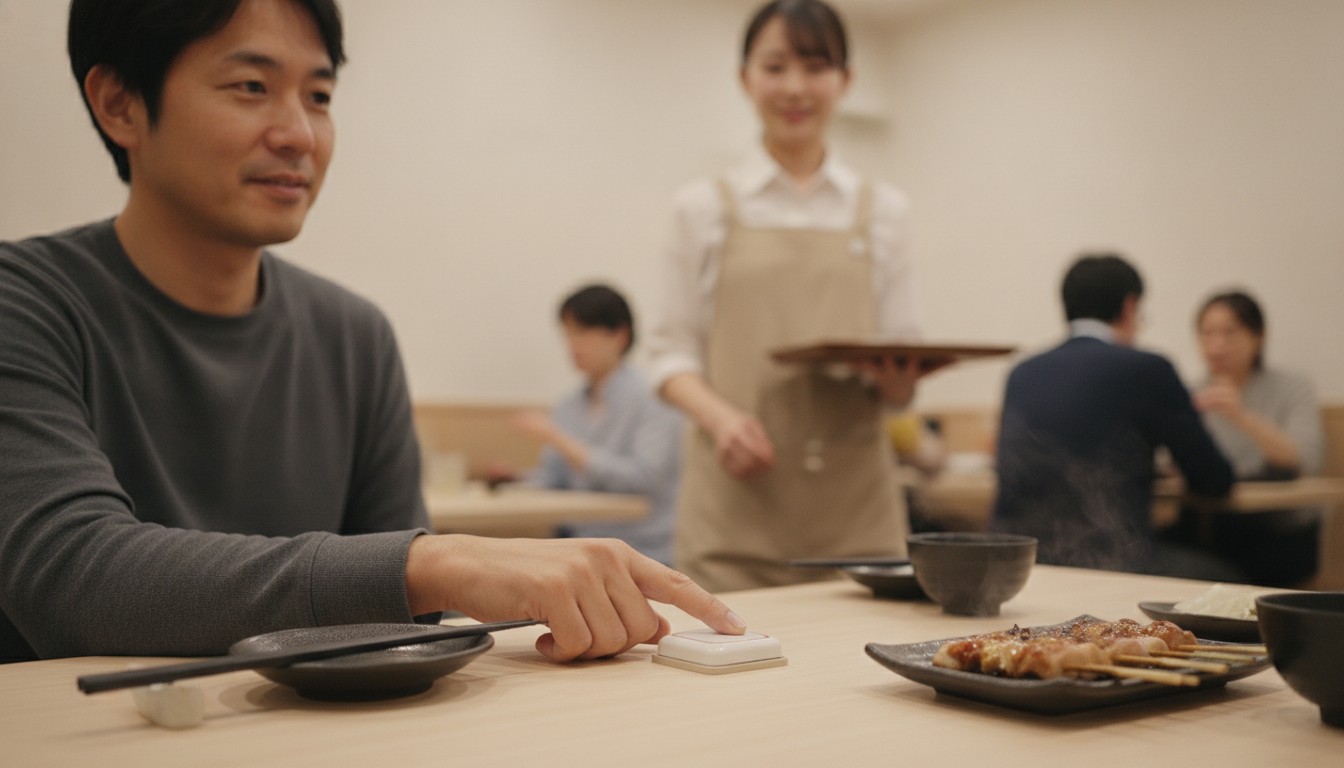 Izakaya guest using a call button to ask a server for help