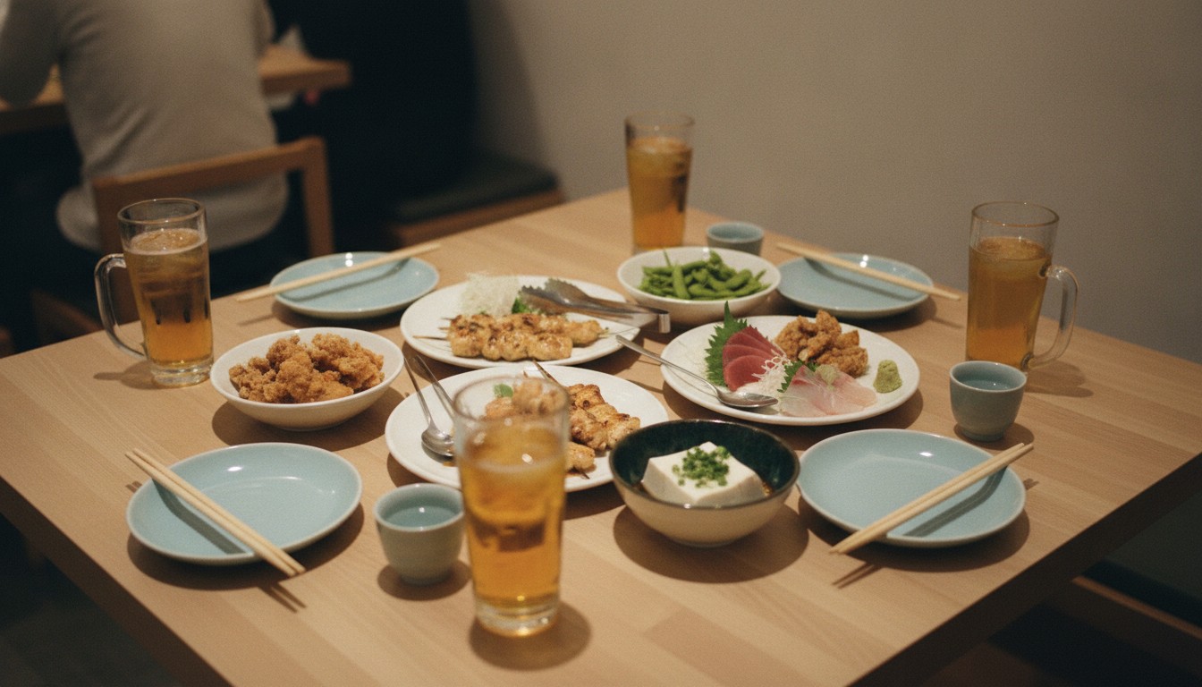 Japanese izakaya small dishes arranged for sharing