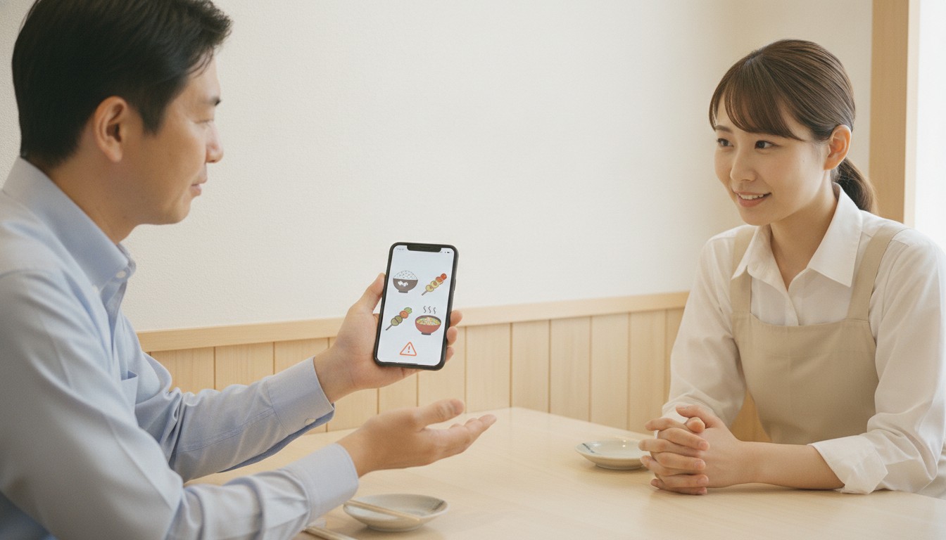 Traveler showing dietary restriction information to izakaya staff
