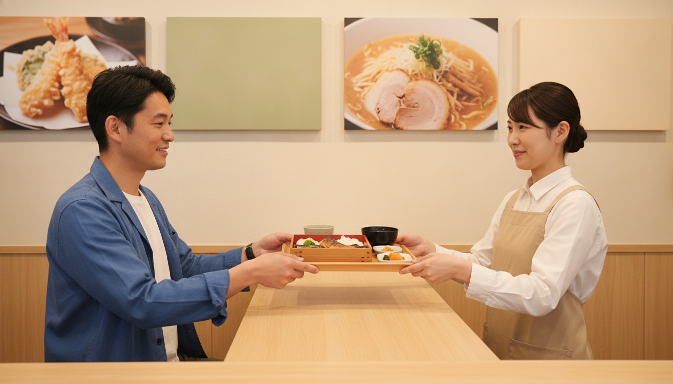 Traveler choosing food at a bright counter-service restaurant in Japan