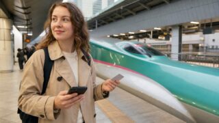 Traveler checking a JR East reservation beside a Shinkansen at Tokyo Station
