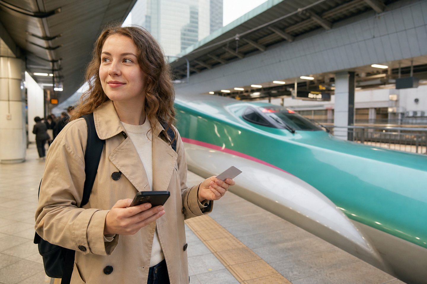 Traveler checking a JR East reservation beside a Shinkansen at Tokyo Station