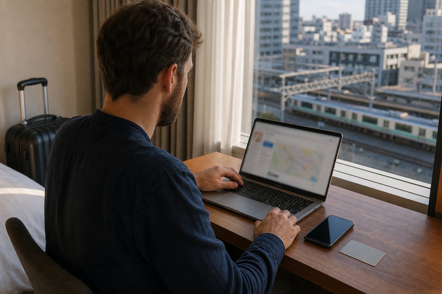 Traveler planning a JR East train trip on a laptop in a Tokyo hotel