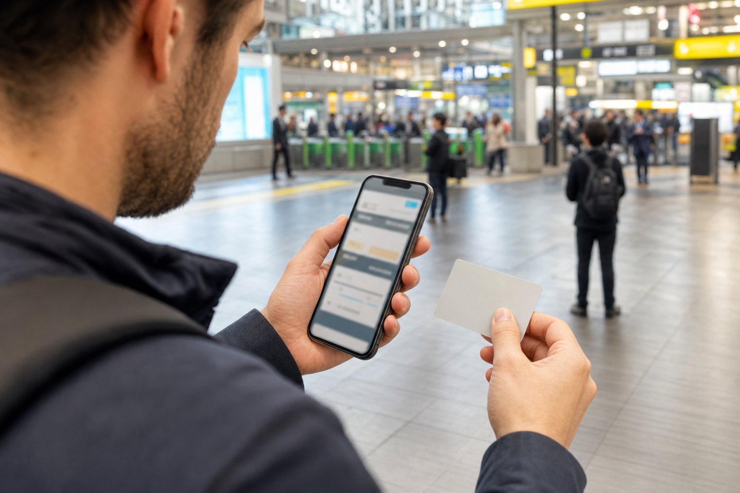 Traveler holding a smartphone and transportation IC card in a station