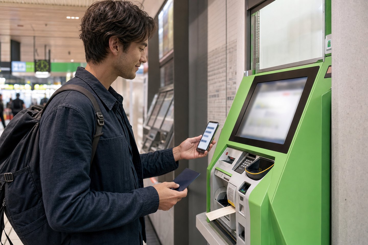 Traveler collecting a paper ticket from a reserved-seat ticket machine