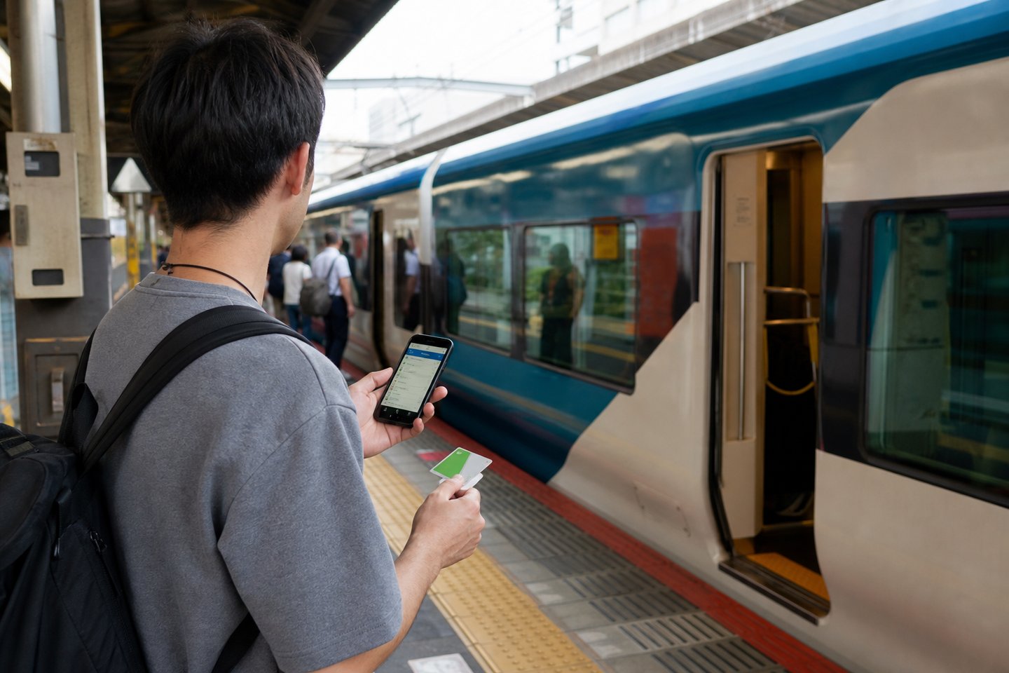 Traveler preparing to board a JR East limited-express train with an IC card