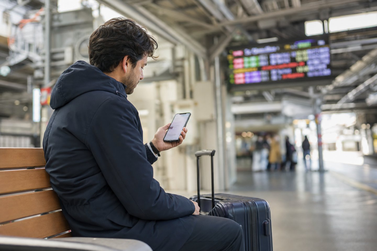 Traveler checking a train reservation change or refund on a smartphone